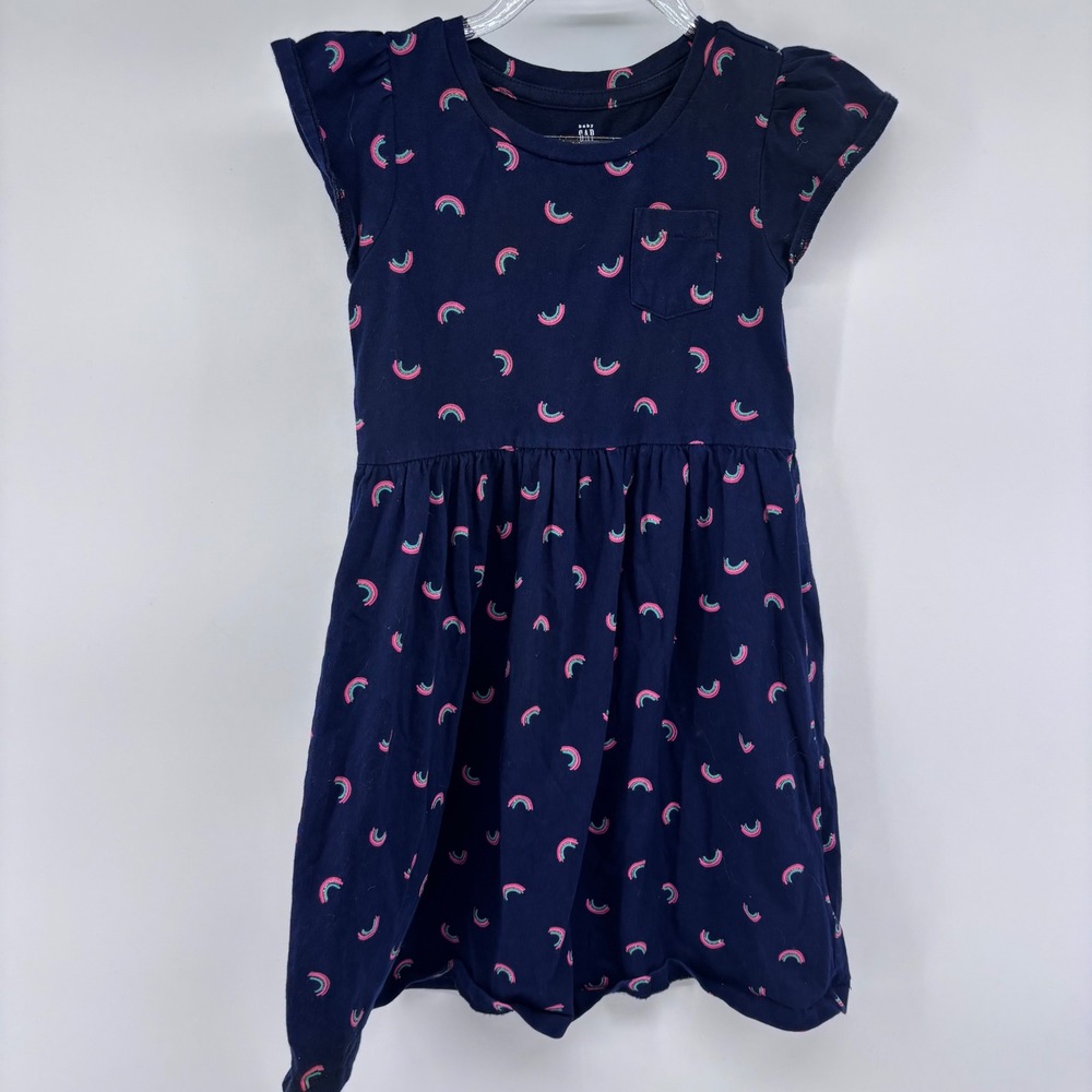 Baby Gap Girls Navy Blue Rainbow Print Pocket‎ Flutter Sleeve Dress